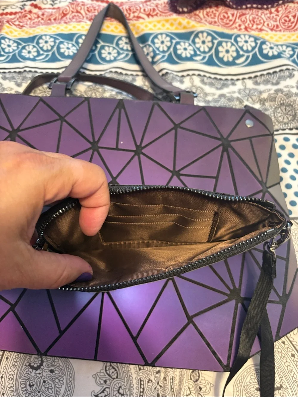 Iridescent Purple Geometric Tote, small bag and Wristlet Set